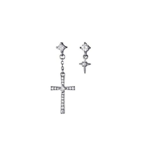 Silver Asymmetry Cross Drop studs Earrings-ECZ029 - Picture 5 of 9